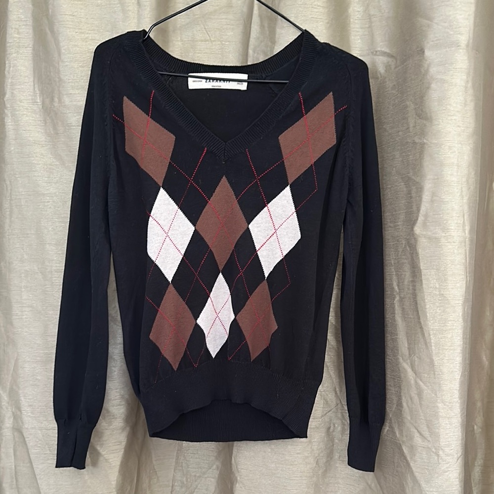 Zara Black and Brown V-Neck Sweater with Argyle Pattern